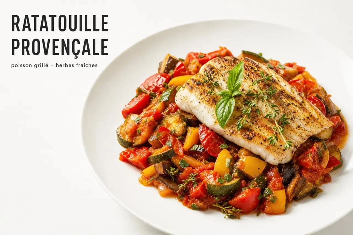 Assiette de ratatouille avec accompagnement de poisson grillé pour un repas équilibré