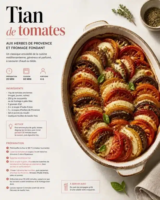 Tian de tomates colorées et scamorza fumée, une recette avec tomates savoureuse et visuelle