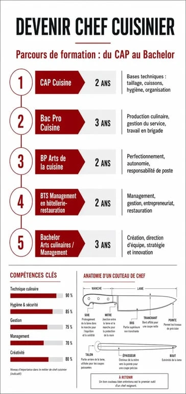 Infographie des parcours de formation pour devenir chef cuisinier : du CAP au Bachelor