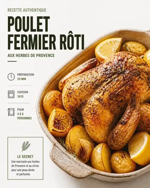 Poulet fermier rôti aux herbes de Provence dans un plat rustique
