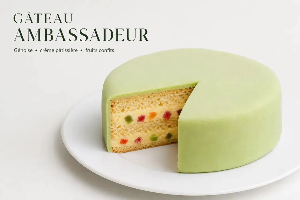 Gâteau Ambassadeur traditionnel français avec sa pâte d'amande verte