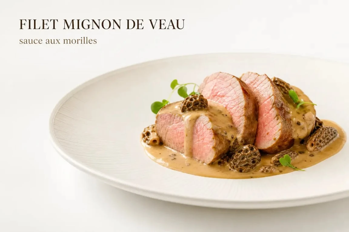 Recette filet mignon de veau gastronomique aux morilles dressé sur assiette