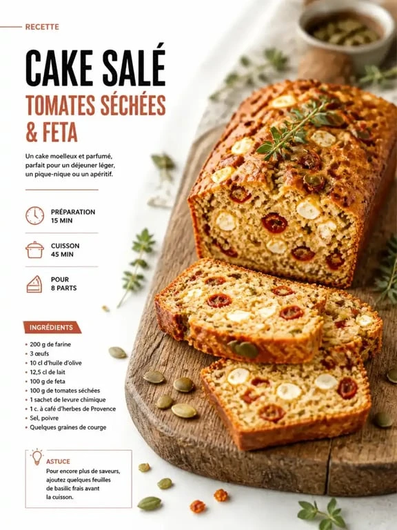 Cake salé moelleux aux tomates séchées et feta, une recette salée gourmande et facile à réaliser.