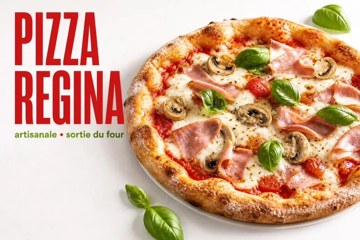 Pizza Regina maison avec ses ingrédients frais : mozzarella, champignons et basilic, exemple d'ingrédient pizza de qualité