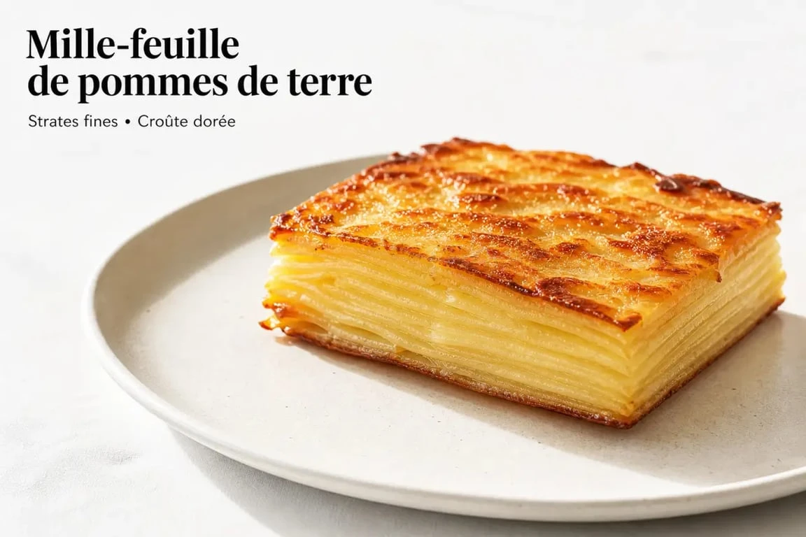 Mille-feuille de pommes de terre croustillant et fondant dans une assiette