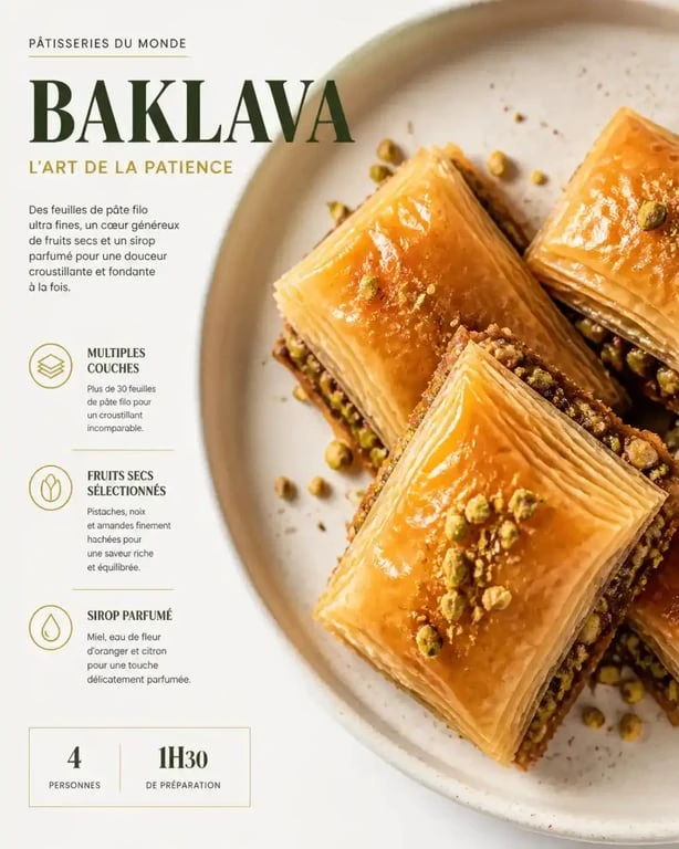 Baklava traditionnel aux multiples couches de pâte filo croustillante et dorée