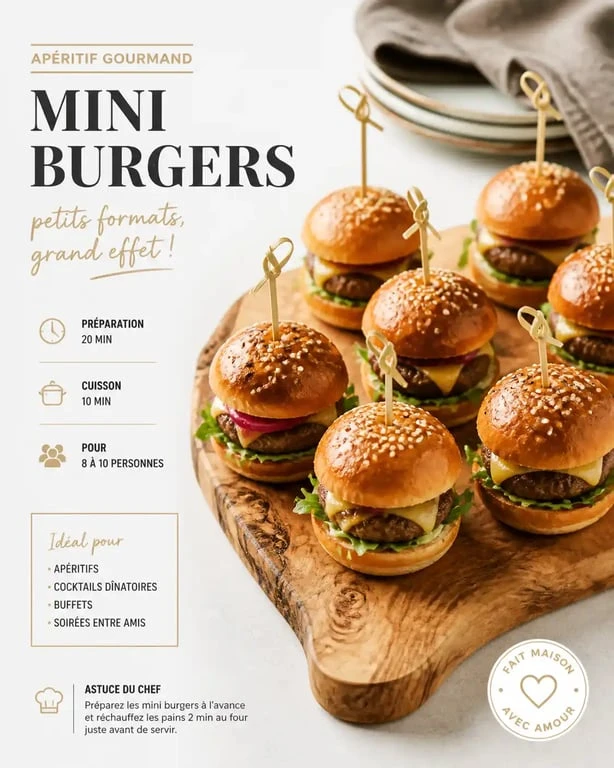 Plateau de mini burgers apéro maison avec garnitures variées