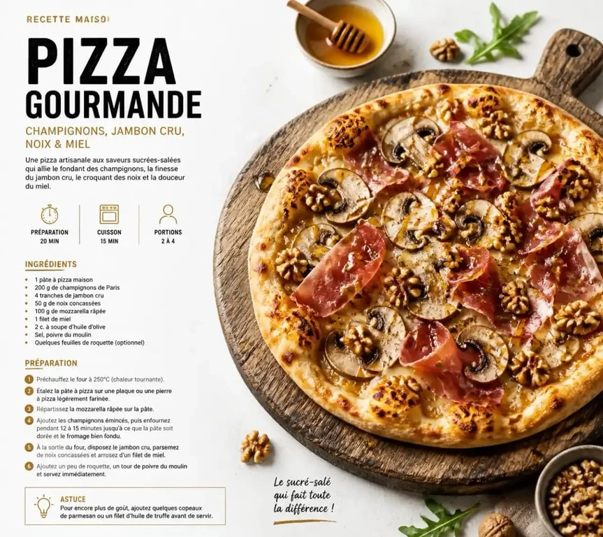 Pizza maison garnie avec champignons, jambon cru et noix pour une recette de pizza garniture gourmande