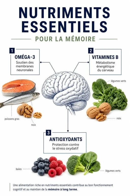 Infographie des aliments bons pour la mémoire et leurs nutriments essentiels