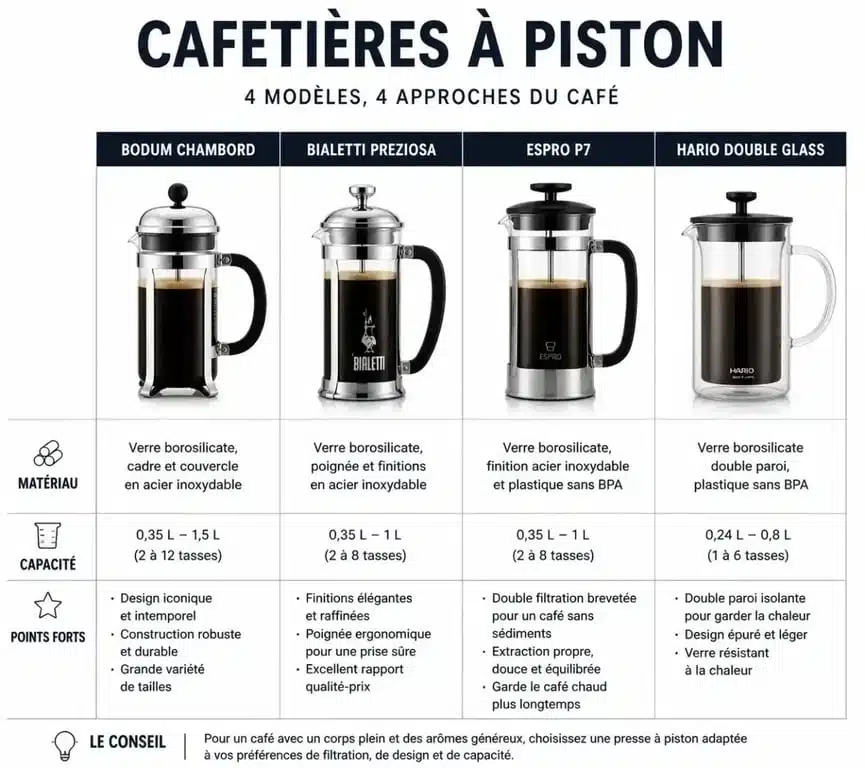 Comparatif des meilleures cafetières à piston : Bodum, Bialetti, Espro et Hario pour choisir votre cafetière à piston idéale.