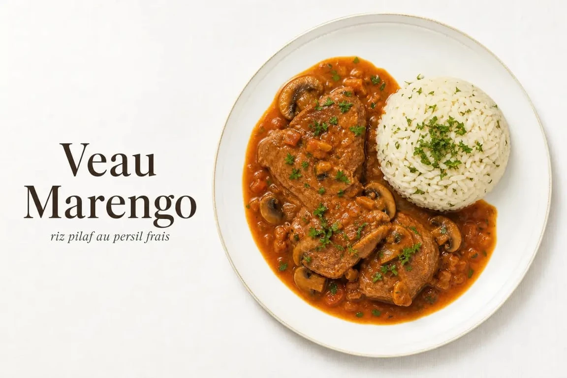 Assiette de veau Marengo traditionnel avec son accompagnement de riz pilaf