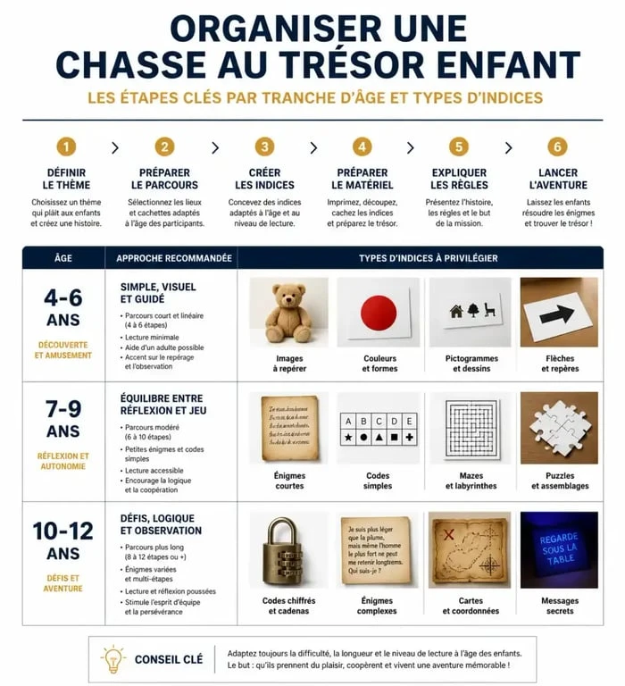 Infographie des étapes pour organiser une chasse au trésor enfant par tranche d'âge