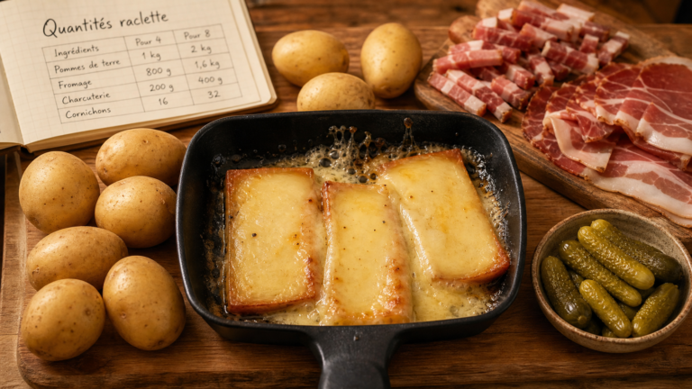 Fromage a raclette par personne : 200g, poêlon et pommes de terre