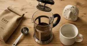 Meilleure cafetière à piston en verre et inox, piston levé, café prêt