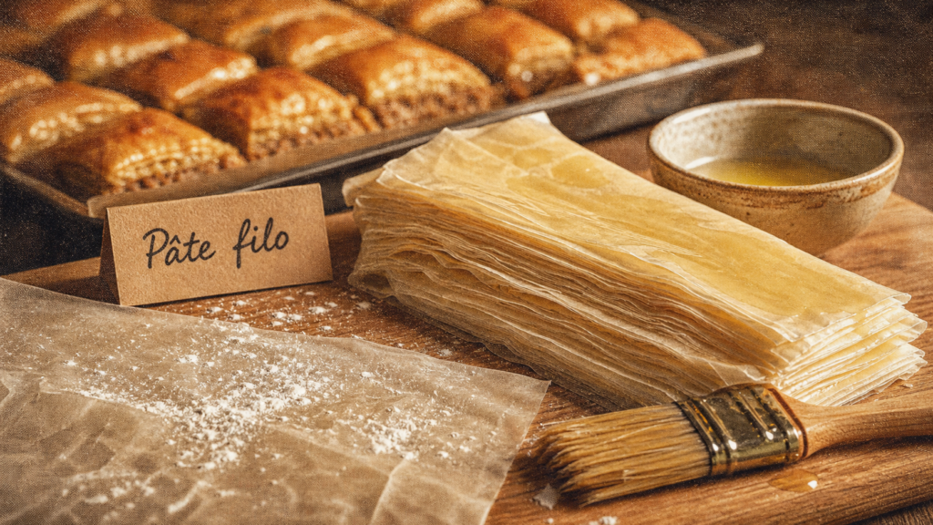 Pâte filo en couches fines, badigeonnée de beurre pour feuilletés