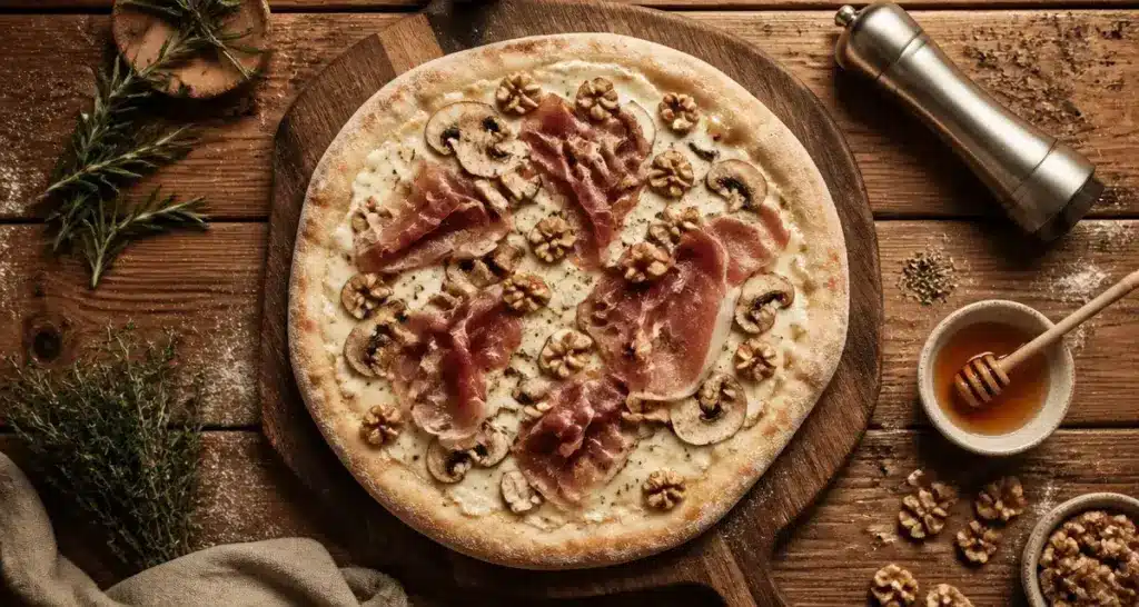 Pizza garniture aux 4 familles d’ingrédients : crème, mozzarella, champignons, jambon, noix