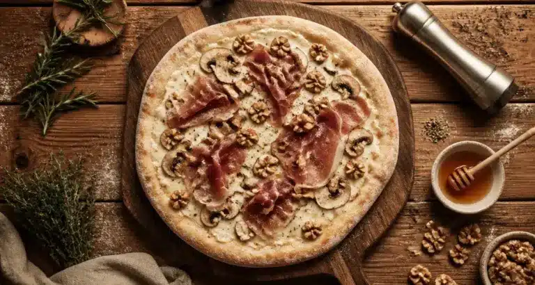 Pizza garniture aux 4 familles d’ingrédients : crème, mozzarella, champignons, jambon, noix