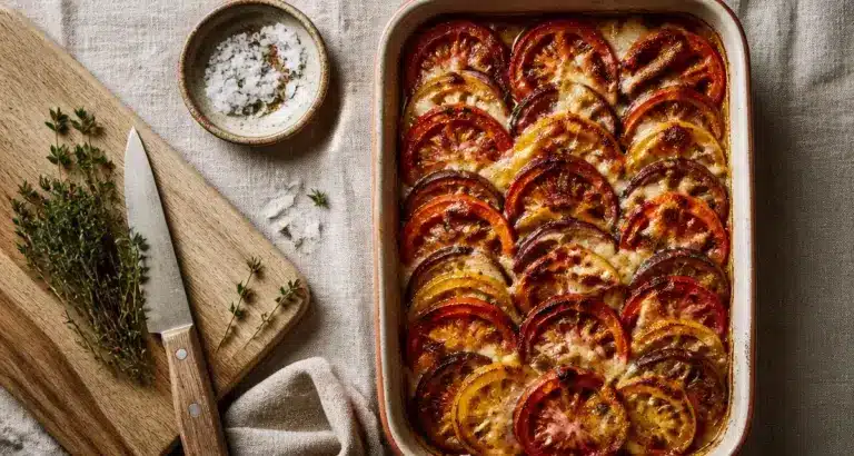 Recette avec tomates : tian aux oignons, thym et scamorza
