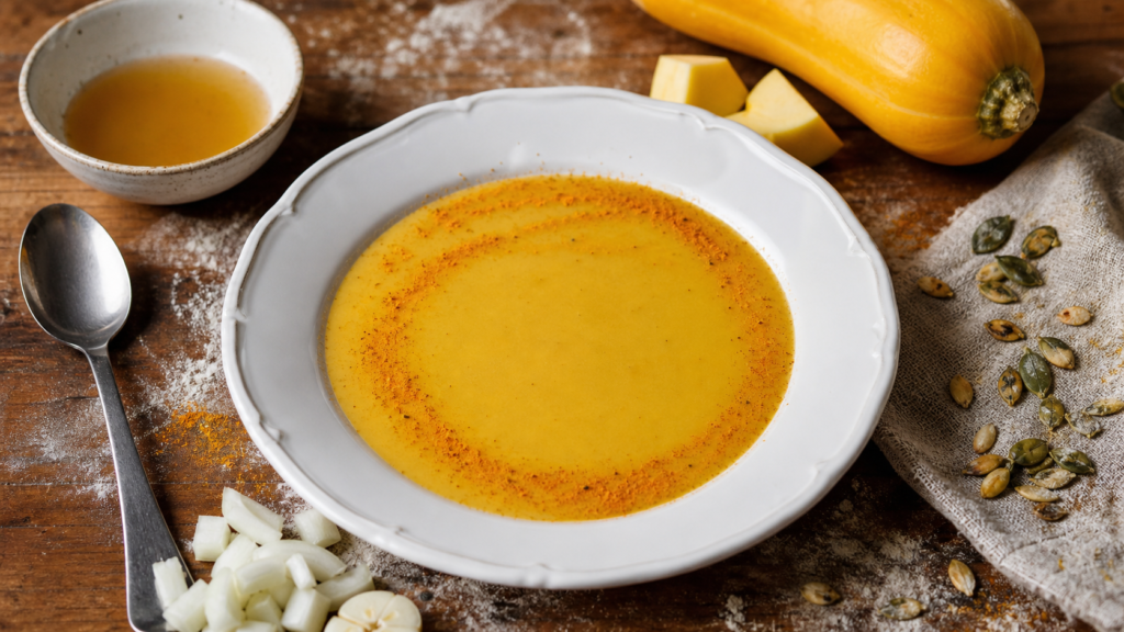 Recette courge jaune : velouté coco au curcuma, oignon ail et bouillon