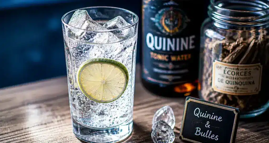 Tonic water avec quinine, bulles et citron vert dans un verre highball