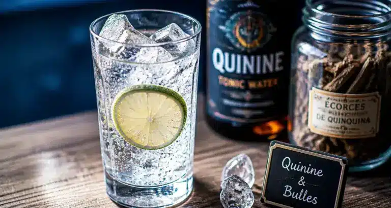 Tonic water avec quinine, bulles et citron vert dans un verre highball