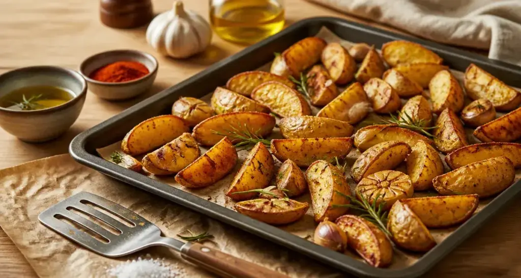 Accompagnement de pommes de terre rôties : ail et romarin sur plaque