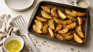 Accompagnement de pommes de terre rôties, quartiers dorés au four