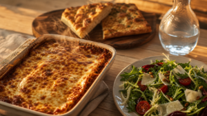Accompagnement pour lasagne : lasagnes et salade fraîche, légumes rôtis et vin italien
