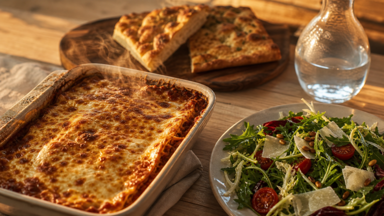 Accompagnement pour lasagne : lasagnes et salade fraîche, légumes rôtis et vin italien