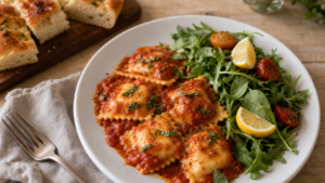 Accompagnement ravioli : raviolis, sauce tomate et légumes