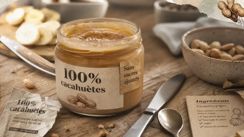Beurre de cacahuete sans sucre : étiquette “sans sucres ajoutés” sur pot