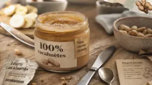 Beurre de cacahuete sans sucre : étiquette “sans sucres ajoutés” sur pot
