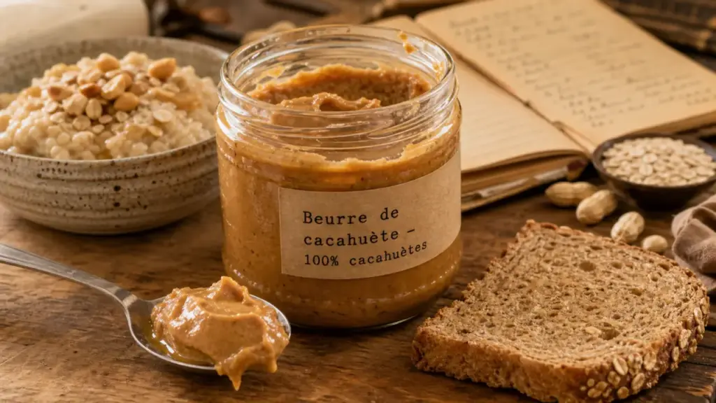 Beurre de cacahuete sans sucre, étiquette et ingrédients en pot