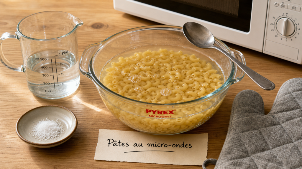 Comment cuire des pates au micro ondes : bol Pyrex, eau salée et coquillettes, 800 watts