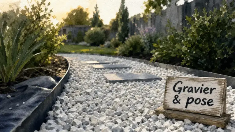 Déco gravier : allée perméable quartz blanc, bordures acier