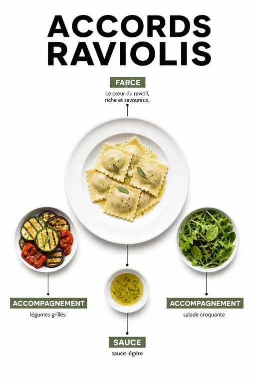 Accompagnement ravioli : illustration éditoriale des meilleurs accords avec légumes, salade et sauce