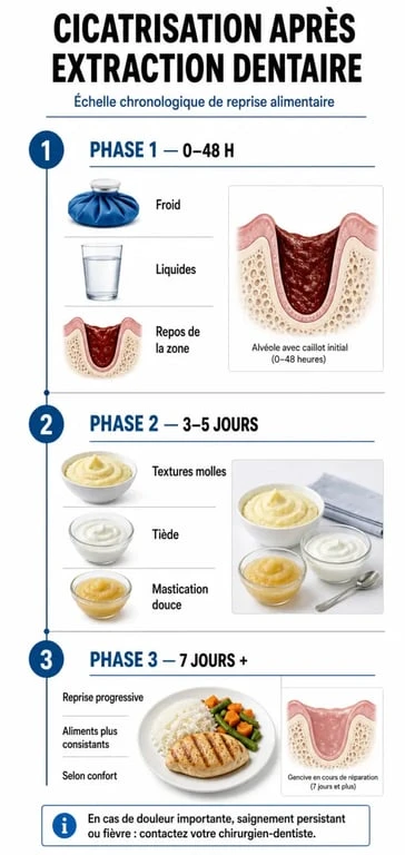 Infographie des étapes de l'alimentation après une opération des dents de sagesse pour une cicatrisation optimale