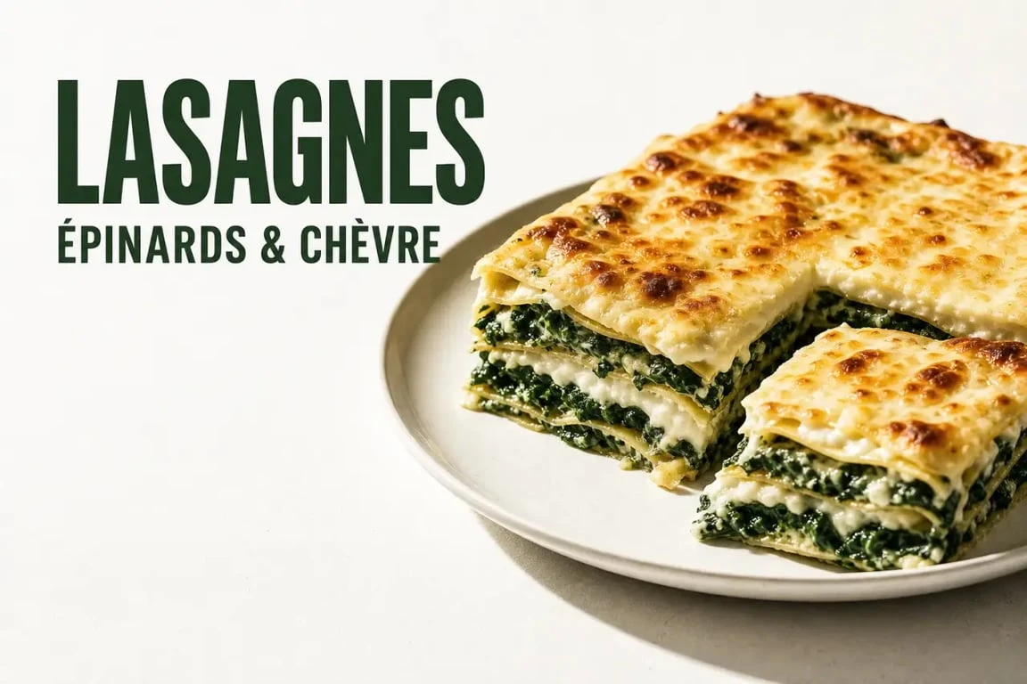 Recette lasagne epinard chevre servie en plat familial avec une part découpée et un dessus gratiné