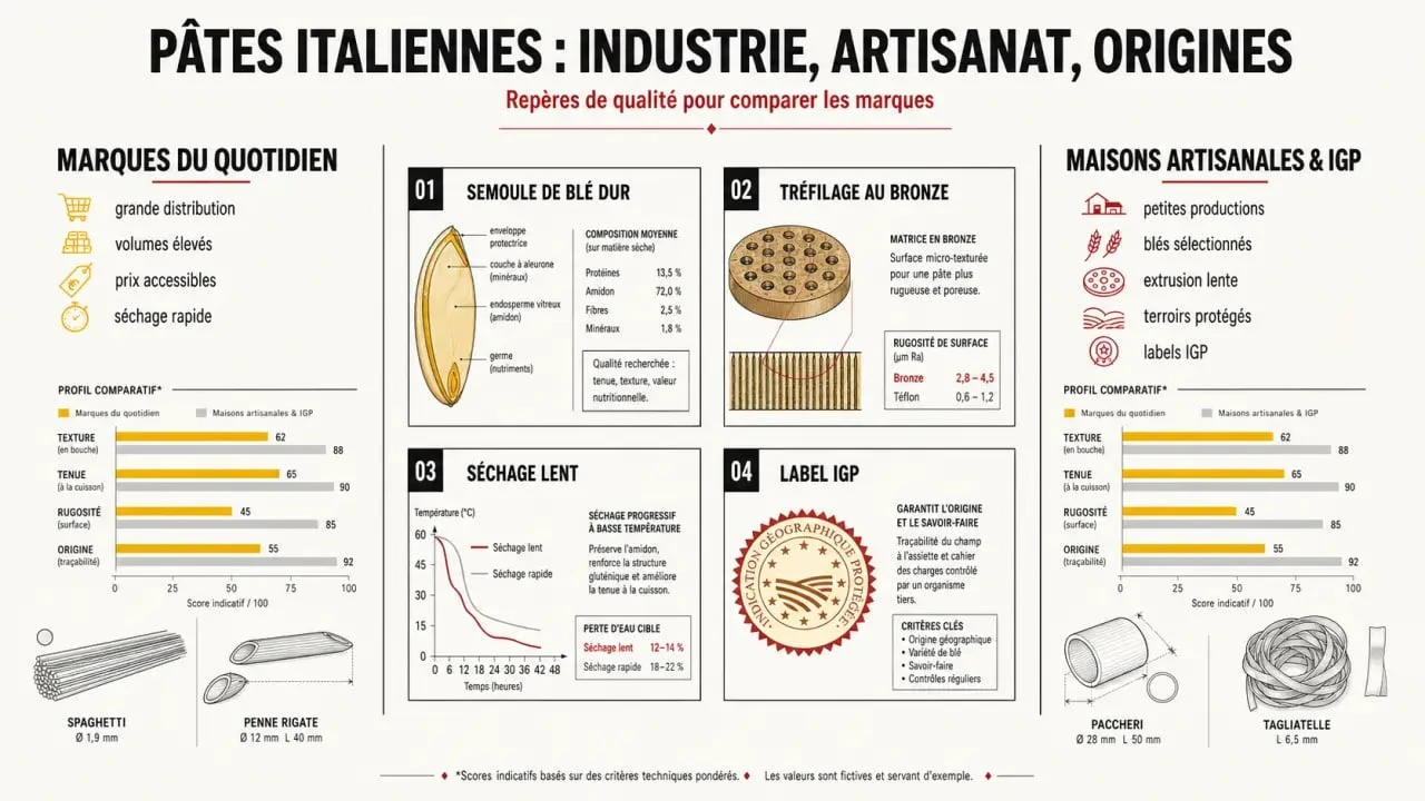 Comparatif des pates italiennes marques, des gammes industrielles aux maisons artisanales avec labels et usages