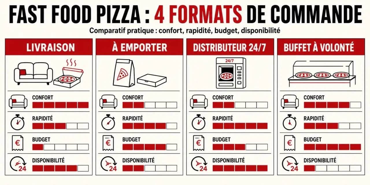 Comparatif fast food pizza : livraison, emport, distributeur automatique et buffet à volonté