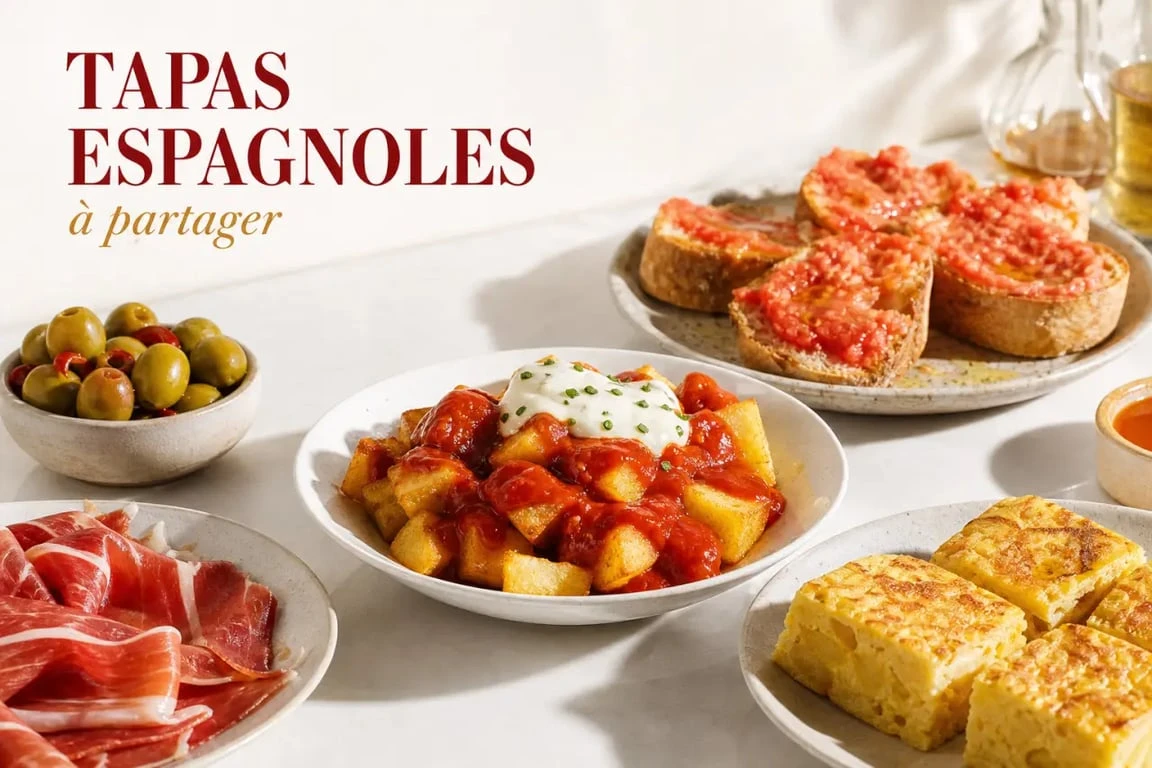 Recette des tapas espagnol avec patatas bravas, tortilla et pan con tomate sur une table conviviale