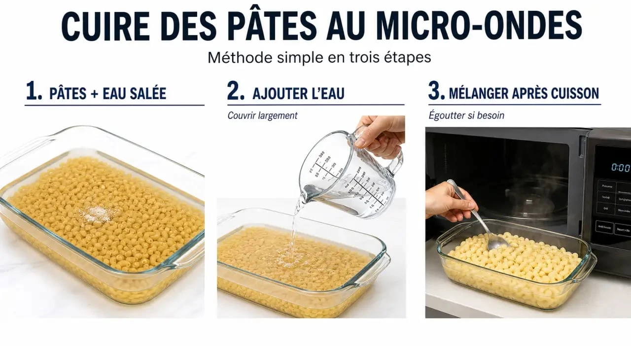 Comment cuire des pâtes au micro ondes : illustration des étapes clés avec pâtes, eau et plat compatible micro-ondes