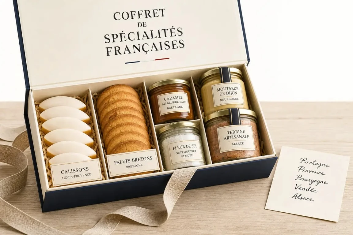 Coffret de spécialités françaises à offrir avec biscuits, sel, moutarde et confiseries régionales