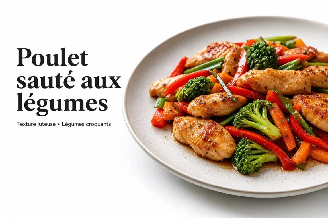 Plat à base de poulet sauté aux légumes croquants dressé dans une assiette moderne