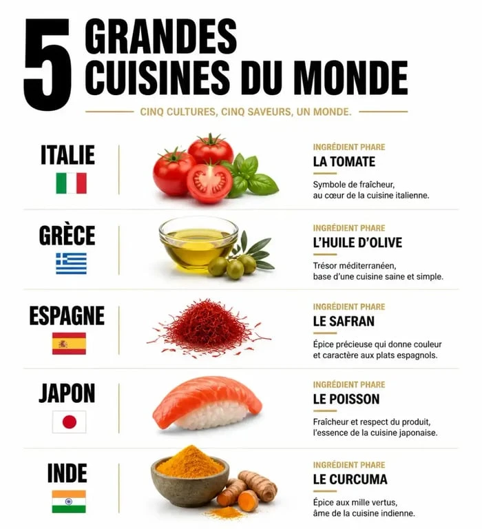 Infographie comparative des 5 grandes cuisines du monde : Italie, Grèce, Espagne, Japon et Inde