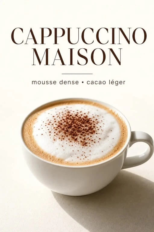 Recette cappuccino maison dans une tasse blanche avec mousse de lait et cacao