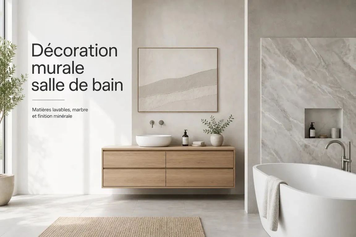 Décoration murale salle de bain : exemple de tableau lavable et de panneau mural dans une salle de bain contemporaine lumineuse