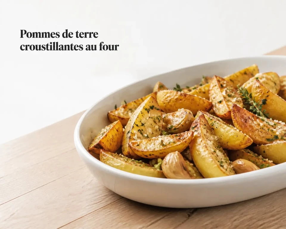 Accompagnement de pommes de terre croustillantes au four, ail et herbes, servi dans un plat blanc
