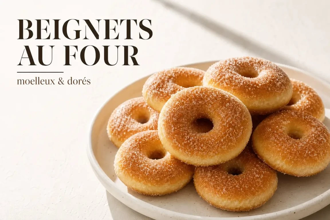 Recette des beignets au four moelleux, dorés et saupoudrés de sucre sur assiette blanche