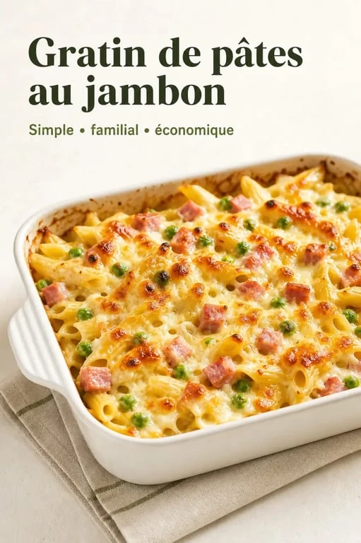 Recette facile pas cher de gratin de pâtes au jambon, petits pois et fromage